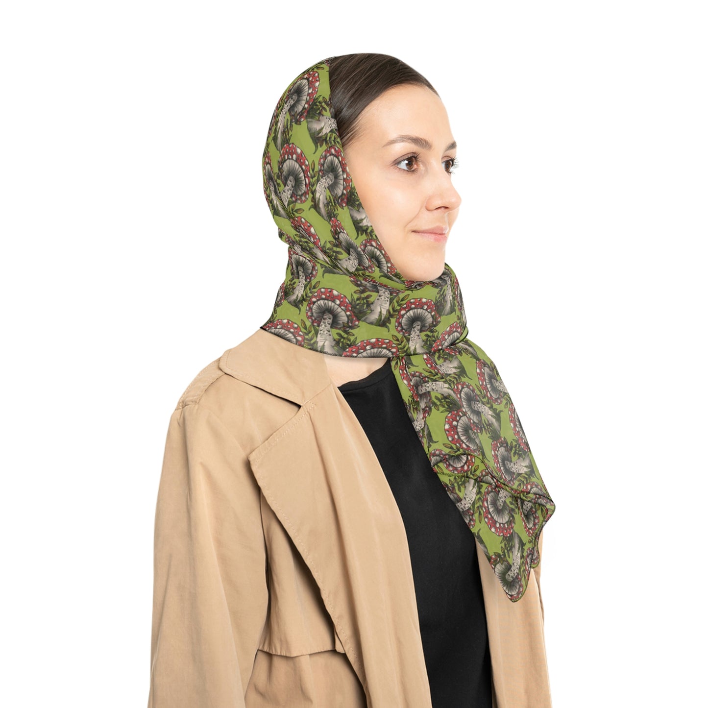 Witches Veil - Green & Red Mushroom Print Veil / Head Scarf - Witchy scarf perfect for veiling or fashion - Sheer, lightweight chiffon