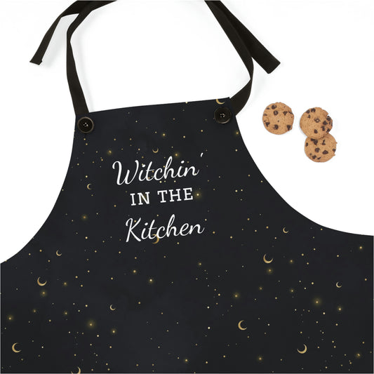 Kitchen Witch Apron - Featuring starry night background and "witchin in the kitchen" text -  One Size - witchy gift, wiccan gift