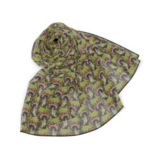 Witches Veil - Green & Red Mushroom Print Veil / Head Scarf - Witchy scarf perfect for veiling or fashion - Sheer, lightweight chiffon