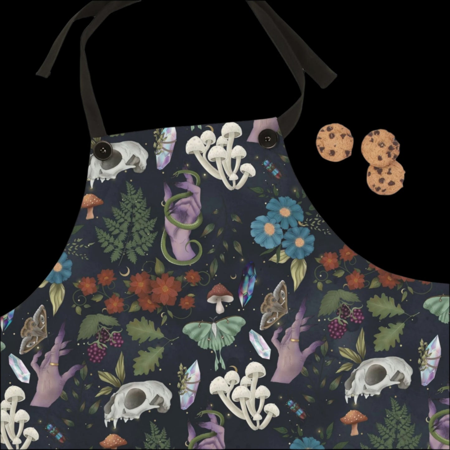 Kitchen Witch Apron - Featuring skulls, moths mushrooms, botanicals, crystals flowers & plants - One Size - witchy gift, wiccan gift