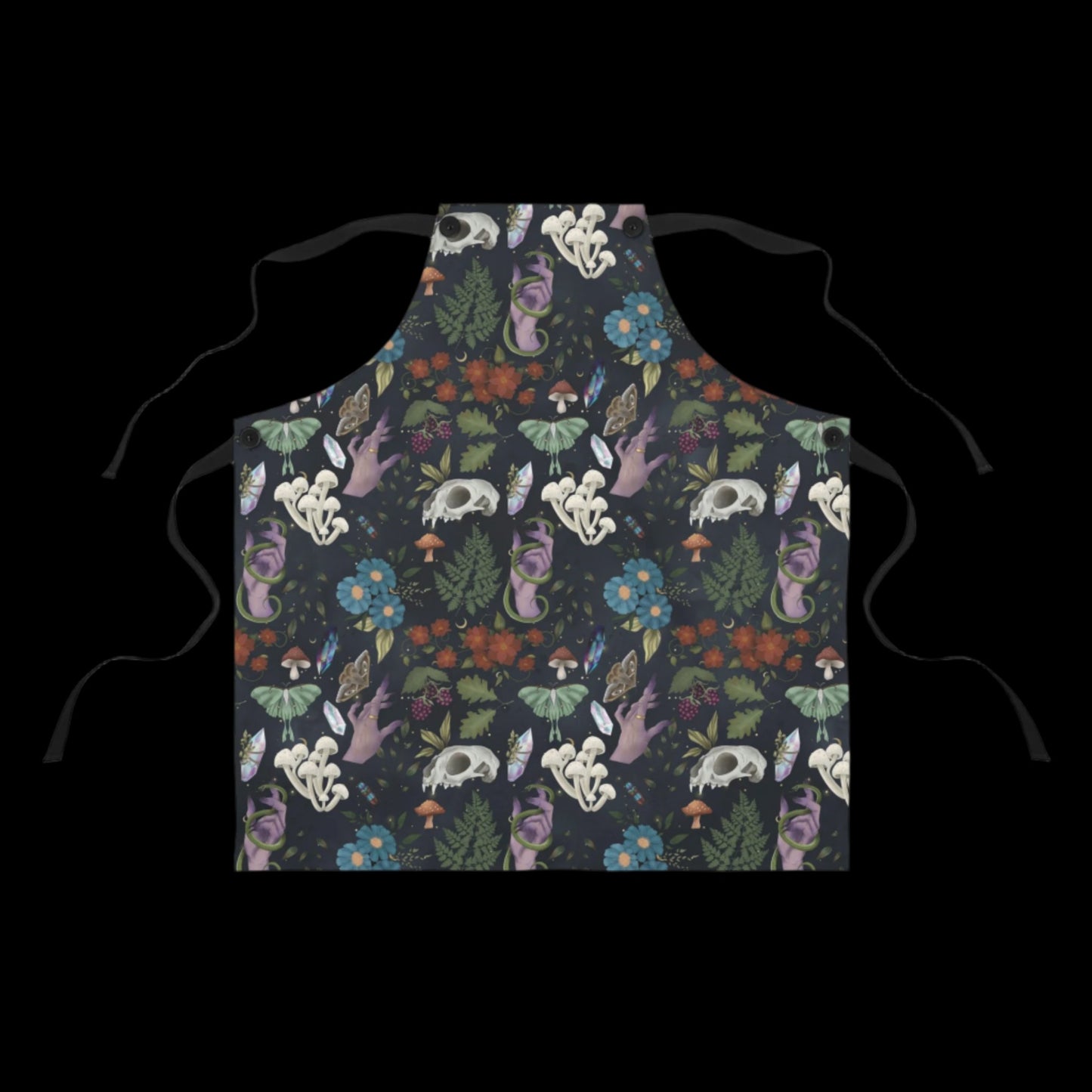 Kitchen Witch Apron - Featuring skulls, moths mushrooms, botanicals, crystals flowers & plants - One Size - witchy gift, wiccan gift