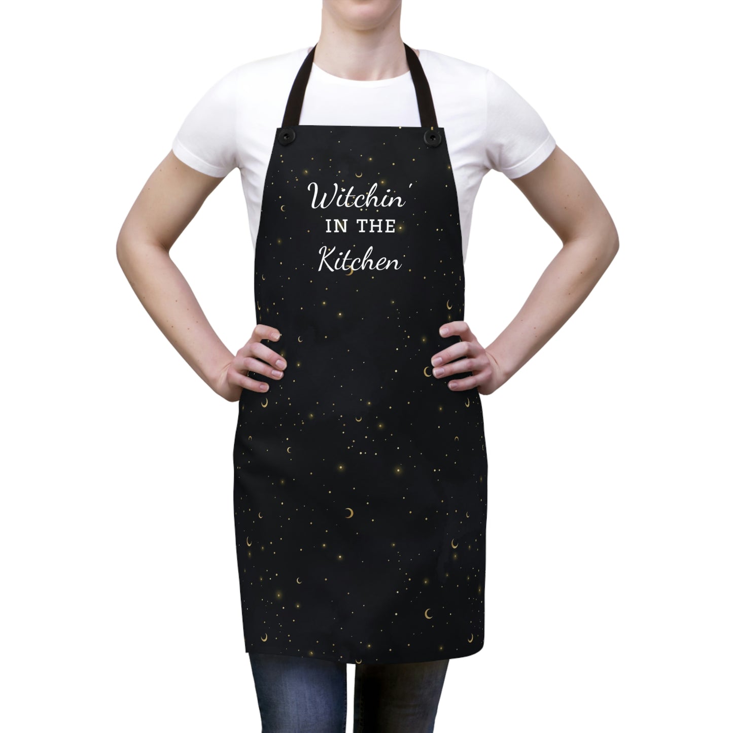 Kitchen Witch Apron - Featuring starry night background and "witchin in the kitchen" text - One Size - witchy gift, wiccan gift