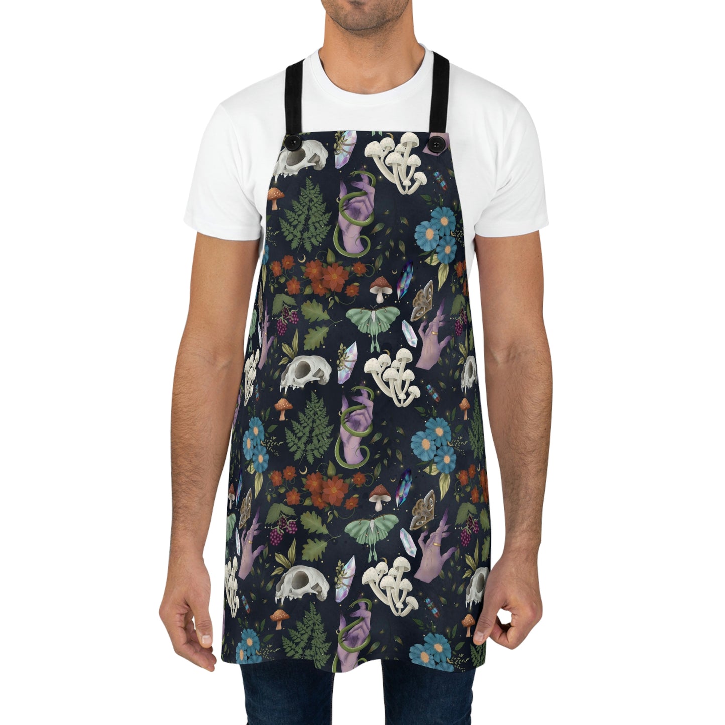 Kitchen Witch Apron - Featuring skulls, moths mushrooms, botanicals, crystals flowers & plants - One Size - witchy gift, wiccan gift