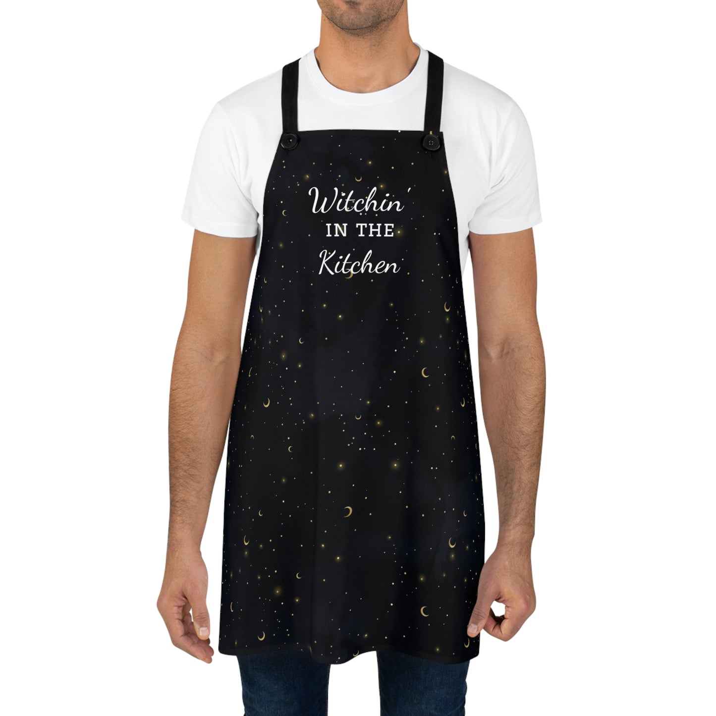 Kitchen Witch Apron - Featuring starry night background and "witchin in the kitchen" text - One Size - witchy gift, wiccan gift