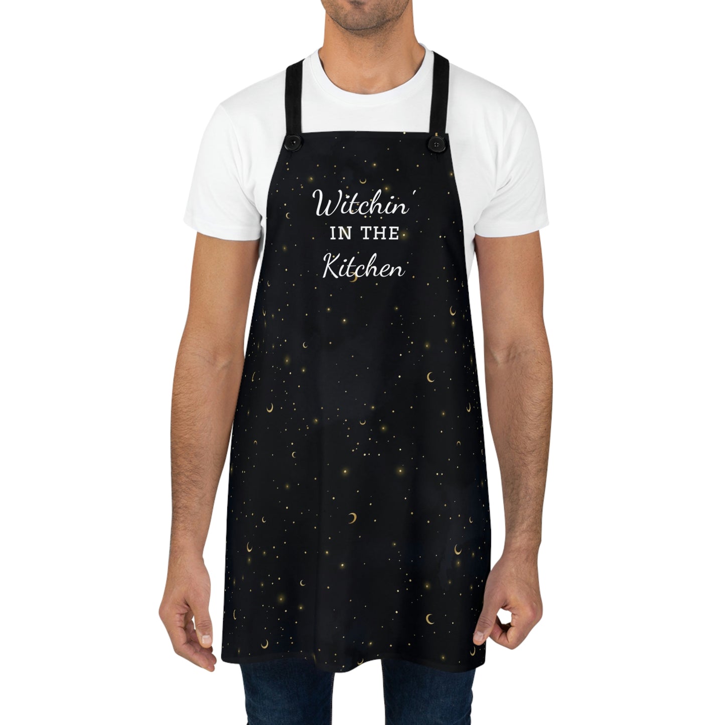 Kitchen Witch Apron - Featuring starry night background and "witchin in the kitchen" text -  One Size - witchy gift, wiccan gift