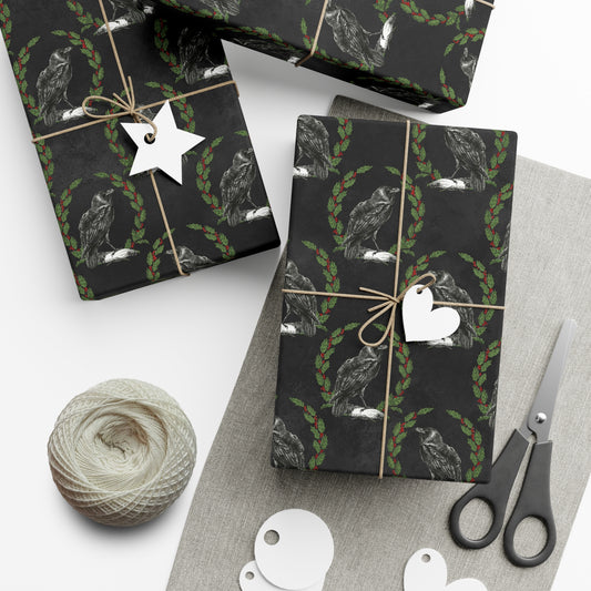 Gothic Yule Wrapping Paper - Witchy Gift Wrap - Raven  & Wreath on Black | Gothic Christmas