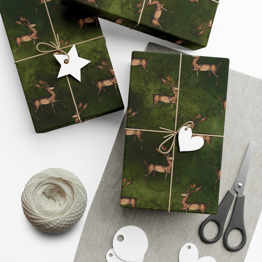 Yule Wrapping Paper - Witchy Gift Wrap - Yule Deer on Green Paper Great for witchy gifts, goth Christmas