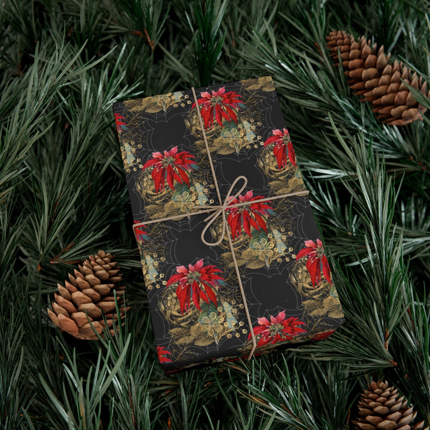 Gothic Yule Wrapping Paper - Witchy Gift Wrap - Spider Webs & Poinsettias | Goth Christmas