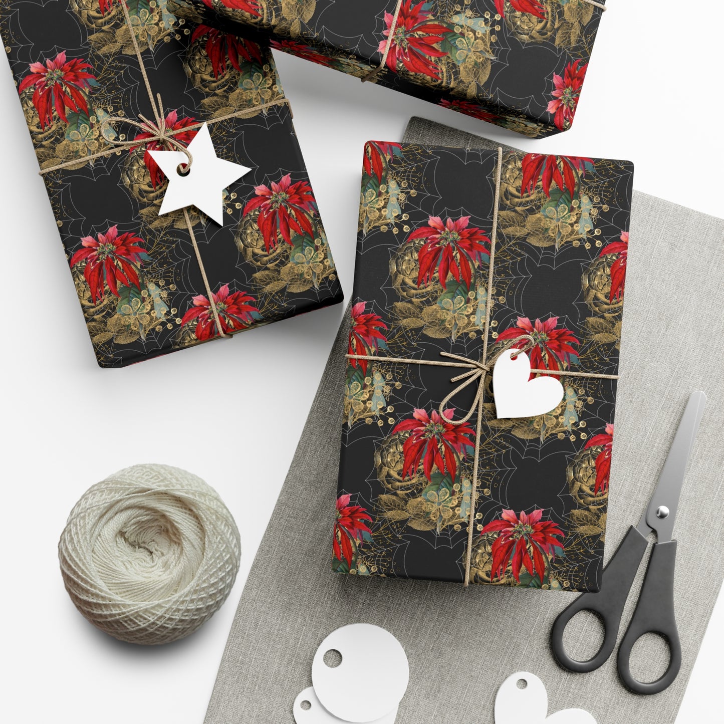 Gothic Yule Wrapping Paper - Witchy Gift Wrap - Spider Webs & Poinsettias | Goth Christmas