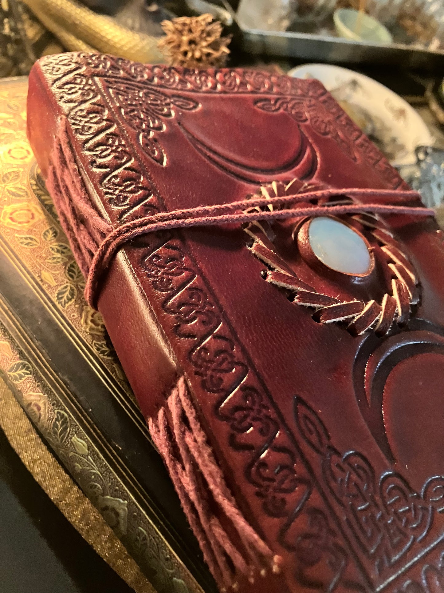 5x7" Triple Moon Grimoire | Book of Shadows | Small Leather Journal with Stone