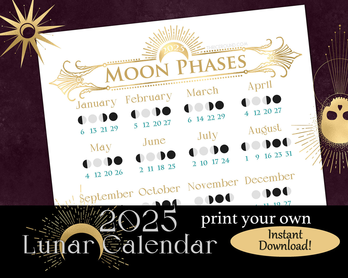 2025 Printable Lunar Calendar | Instant Download