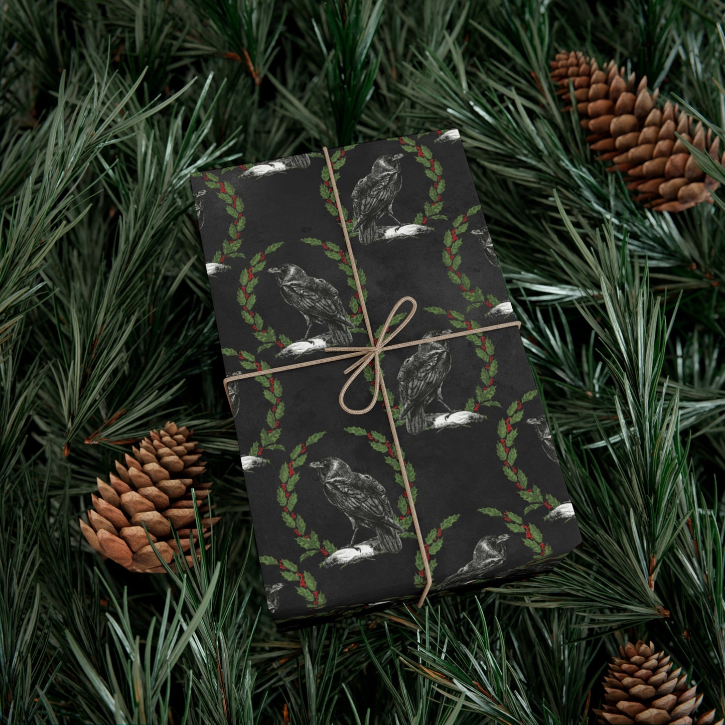 Gothic Yule Wrapping Paper - Witchy Gift Wrap - Raven  & Wreath on Black | Gothic Christmas