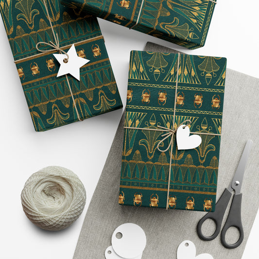 Green & Gold Egyptian Scarabs | Witchy Wrapping Paper | Boutique Gift Wrap