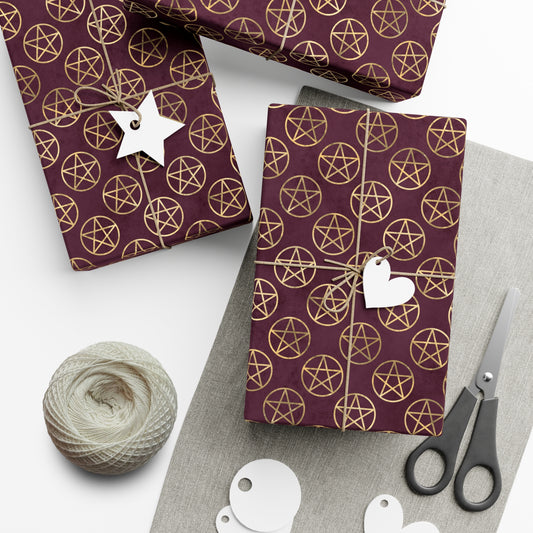 Gold & Merlot Pentagrams | Witchy Wrapping Paper | Boutique Gift Wrap