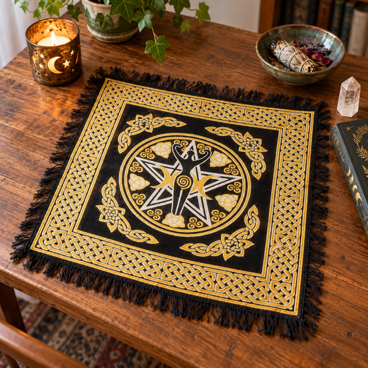 Black and gold Pentagram Goddess altar cloth with Triple Moon and pentagram design, displayed on a tabletop altar. 18 x 18 inches.
