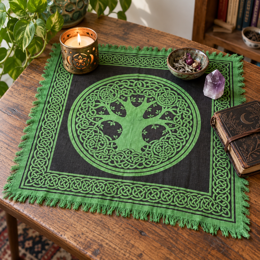 Green and black Celtic Tree of Life altar cloth with fringed edges, displayed on a wooden home altar with a candle, herbs, and crystals. 18 x 18 inches.