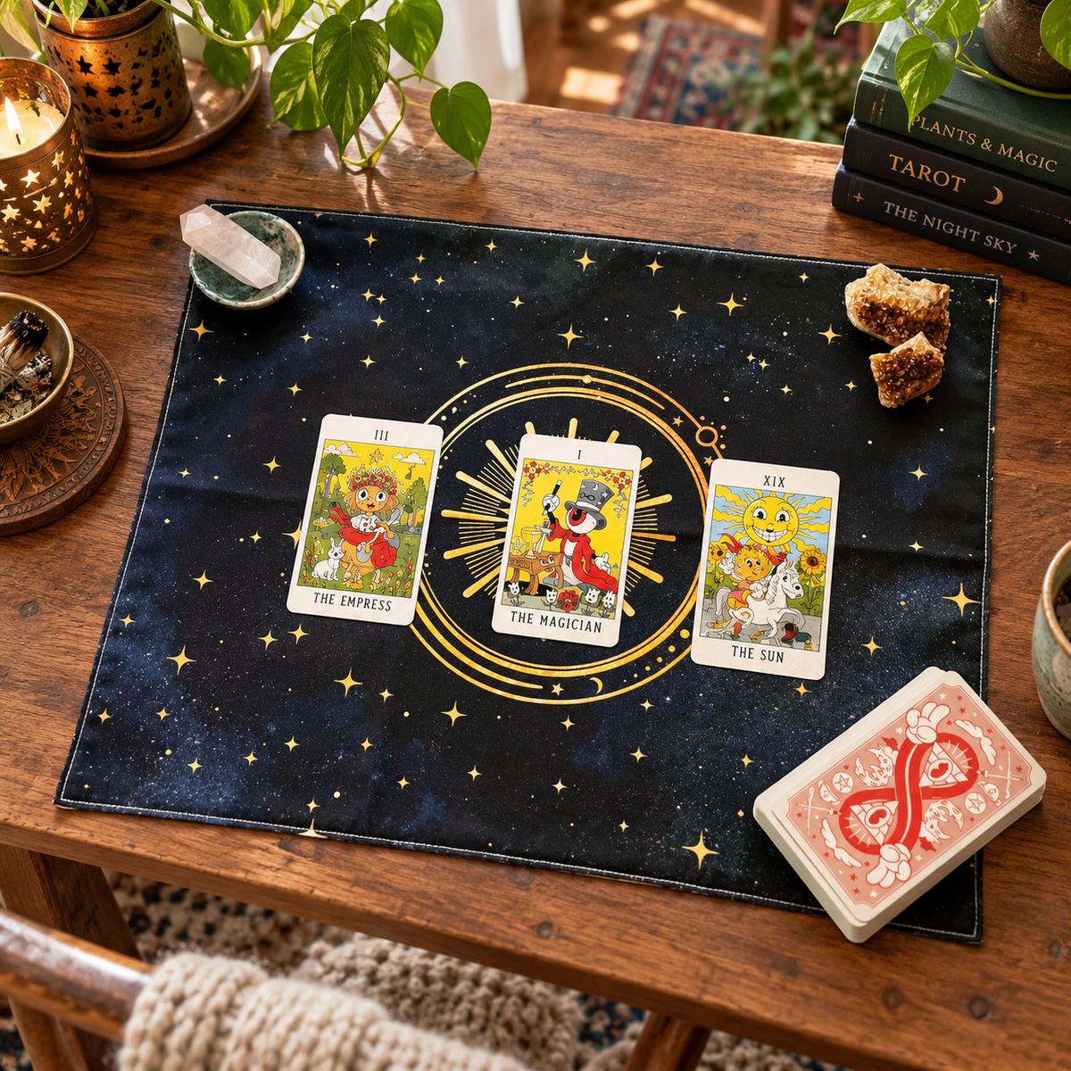Night Sky celestial tarot cloth with starry design, tarot cards, crystals, and a deck of cards displayed on a wooden table in a cozy Pagan home.
