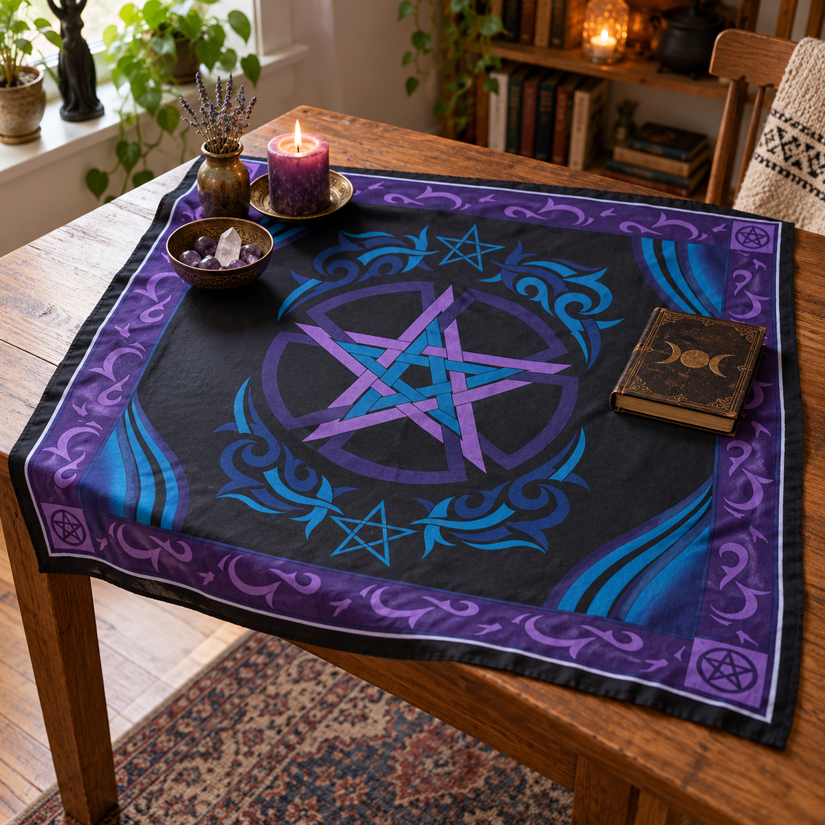 Black pentagram altar cloth with purple and turquoise Celtic-inspired design, draped over a wooden altar table with candle, crystals, and a small book.