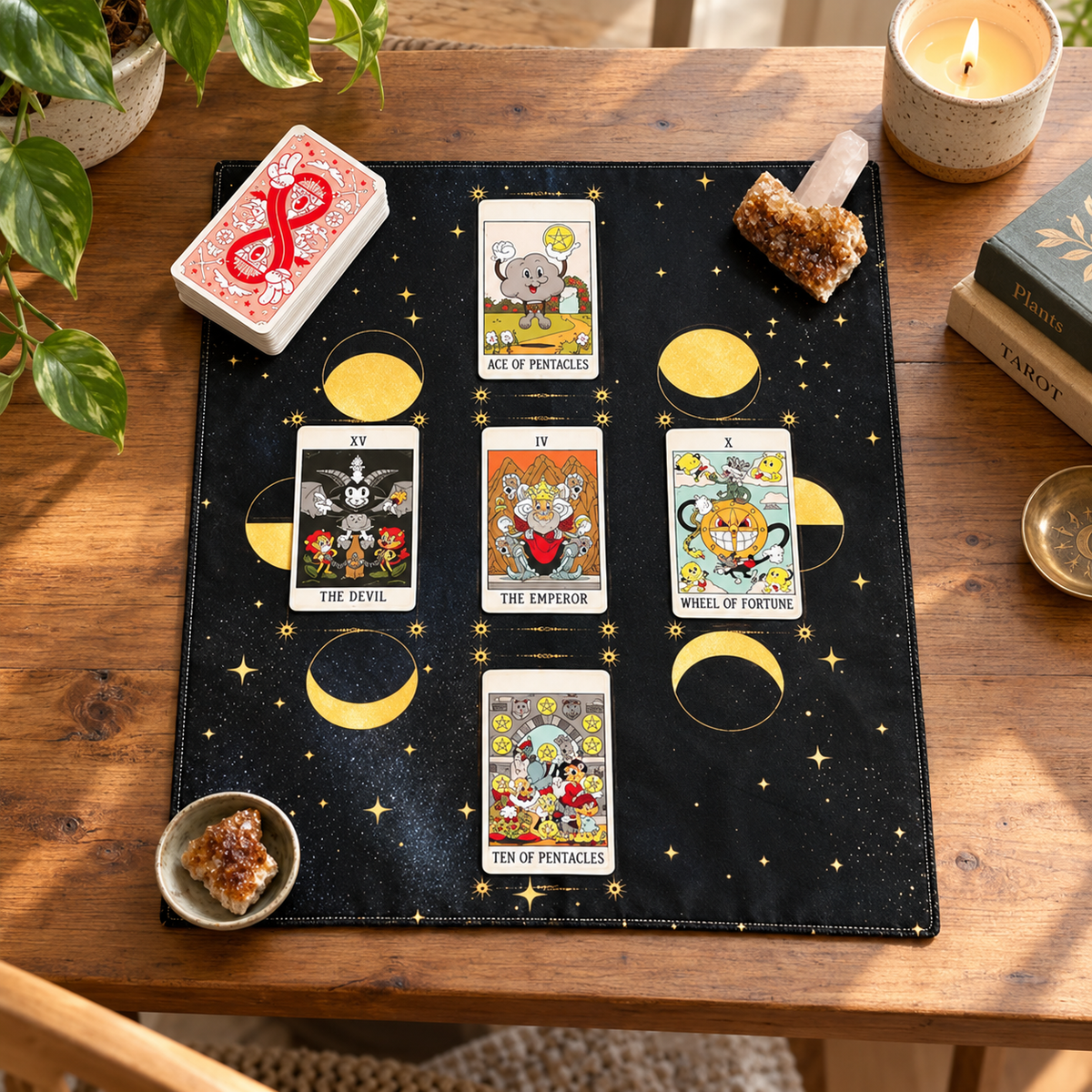 Five card tarot spread cloth with golden moon phases and stars on a dark celestial background, arranged with tarot cards and crystals on a wooden table.