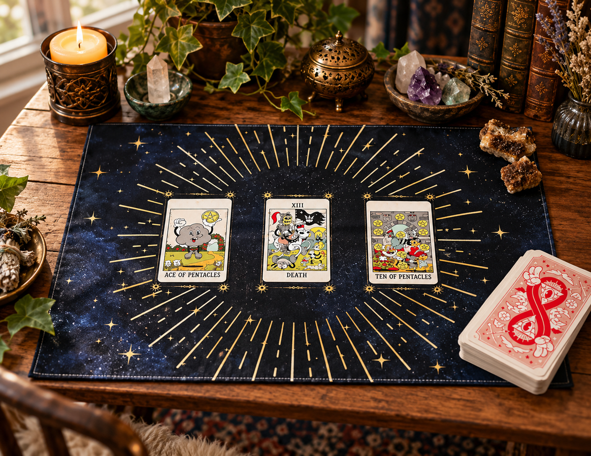Night Sky three card tarot reading cloth with golden celestial rays and designated card positions, displayed on a wooden table with tarot cards and crystals.