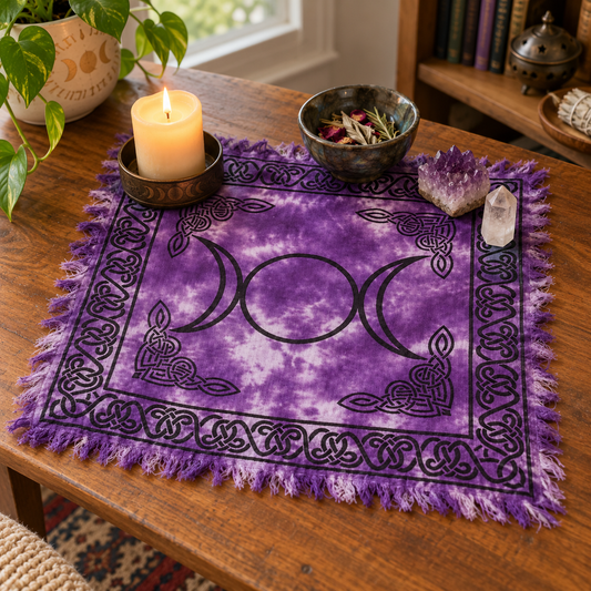 Violet tie-dye Triple Moon altar cloth with black Celtic knot border and fringed edges, displayed on a wooden altar table with candle, herbs, and crystals.