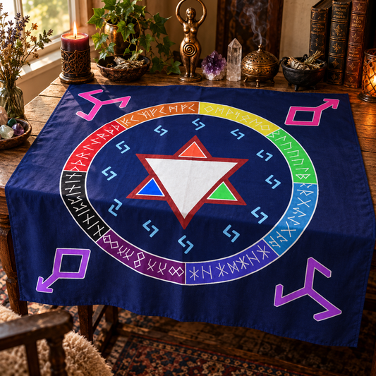 Handmade blue batik Rune Awakening altar cloth featuring a colorful runic circle and central geometric symbol, displayed over a wooden altar table.