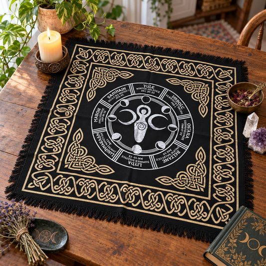 Black Earth Goddess altar cloth with Wheel of the Year, moon phases, gold Celtic knot border, and fringed edges, displayed on a wooden altar table.