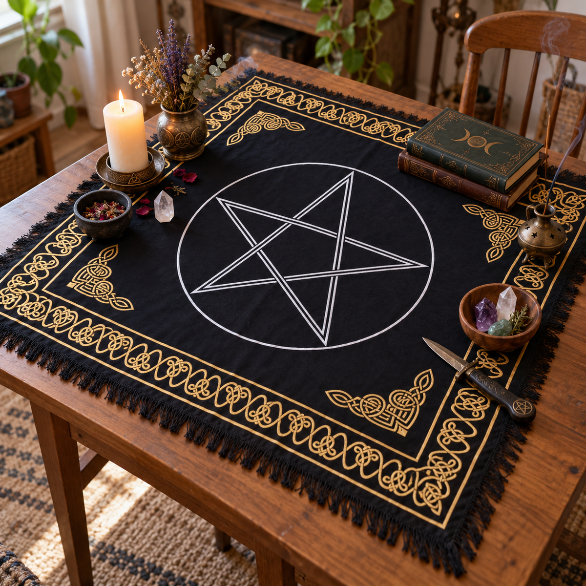 Large black and gold Celtic pentagram altar cloth, 36 x 36 inches, displayed on a wooden table with candles, crystals, books, and ritual tools.