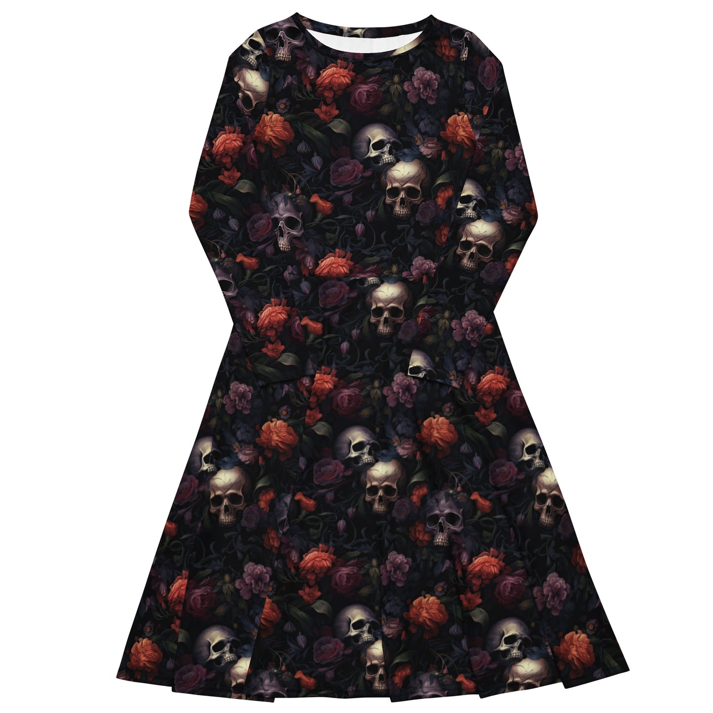 Gothic Skulls & Flowers | Long Sleeve Midi Length Dress | Witchy Dress