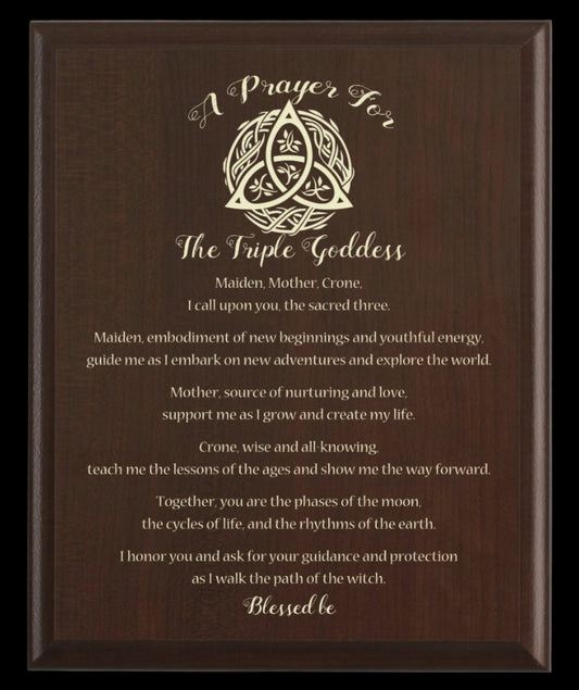 Triple Goddess Wiccan Prayer Plaque | Triquetra Moon Design