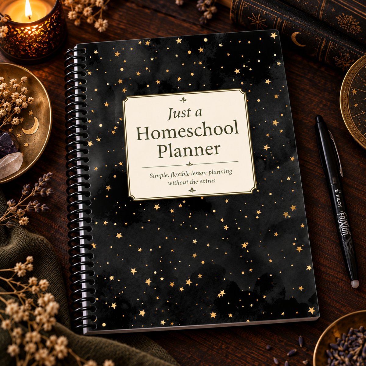 Just a Homeschool Planner - Spiral Bound | Black & Gold Stars Cover